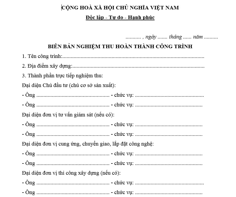 Mẫu biên bản nghiệm thu hoàn thành công trình Mẫu biên bản nghiệm thu hoàn thành công trình