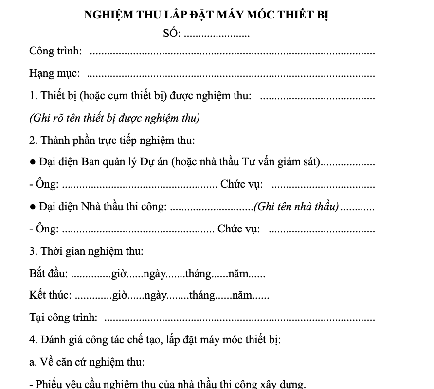 Mẫu biên bản nghiệm thu lắp đặt máy móc Mẫu biên bản nghiệm thu lắp đặt máy móc