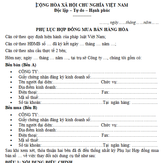 phụ lục hợp đồng mua bán